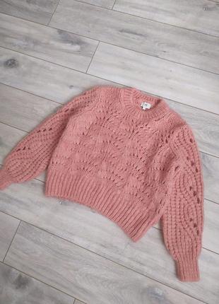 Жіноча в'язана кофта мохер -пуловер рожевого кольору великою вязкою,светер3 фото