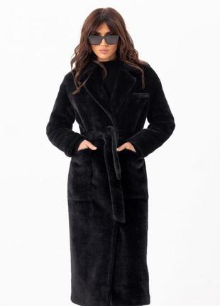 Шуба - пальто женское длинное утепленное зимнее эко альпака, прямое свободного кроя, бренд, черное6 фото