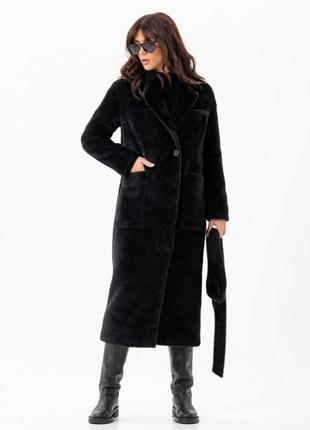 Шуба - пальто женское длинное утепленное зимнее эко альпака, прямое свободного кроя, бренд, черное5 фото