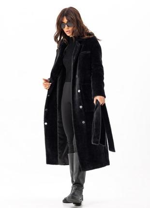 Шуба - пальто женское длинное утепленное зимнее эко альпака, прямое свободного кроя, бренд, черное4 фото