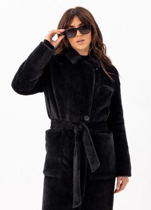 Шуба - пальто женское длинное утепленное зимнее эко альпака, прямое свободного кроя, бренд, черное7 фото
