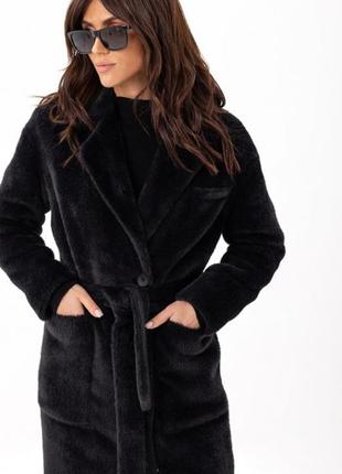 Шуба - пальто женское длинное утепленное зимнее эко альпака, прямое свободного кроя, бренд, черное8 фото