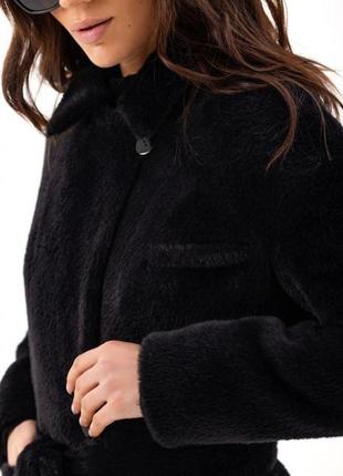 Шуба - пальто женское длинное утепленное зимнее эко альпака, прямое свободного кроя, бренд, черное3 фото
