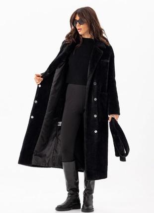 Шуба - пальто женское длинное утепленное зимнее эко альпака, прямое свободного кроя, бренд, черное2 фото