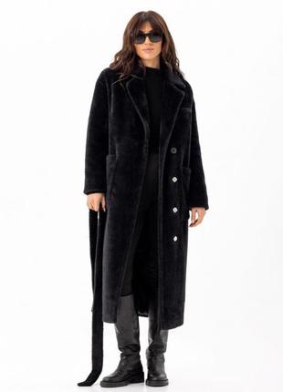 Шуба - пальто женское длинное утепленное зимнее эко альпака, прямое свободного кроя, бренд, черное1 фото