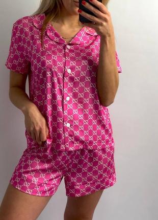 Пижама комплект сатин шелк шорты и рубашка принт1 фото