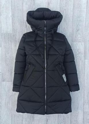 Зимова куртка пальто для дівчинки підлітка 11-15 років, зріст 140 146 152 | модна подовжена курточка пуховик, чорна парка - зима