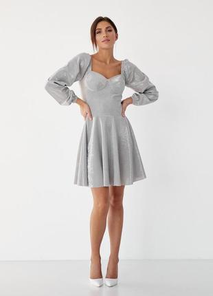 Серебряное короткое платье с чашечками на груди1 фото