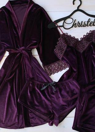 Комплект піжама четвірка (халат, майка, штани, шорти) оксамит з мереживом christel 061 марсала фіолетовий s