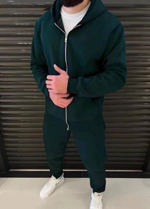 Спортивный костюм на флисе кофта свободного кроя с капюшоном худи штаны джоггеры комплект стильный базовый теплый черный хаки зеленый серый4 фото