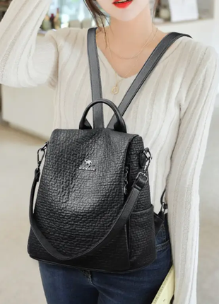 Женский кожаный стильный черный  рюкзак портфель ранец женская сумка 2в1 кенгуру3 фото