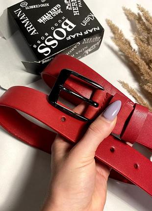 Ремень красный 3,5см гладкий кожаный, ремень из натуральной кожи унисекс классика, ремень мужской классической унисекс кожа 3,5см женский