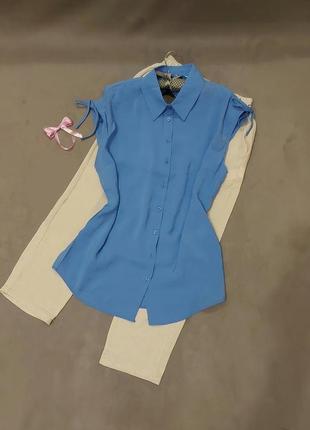 Рубашка блуза голубая без рукавов на пуговицах с затяжками, рубашка оверсайз