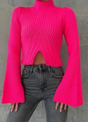 Розпродаж❗️укорочений светр з широким рукавом та горловиною у кольорі фуксія ⚜️преміум вкорочений светр туреччина