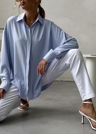 Шовкова сорочка блуза легка довгий рукав оверсайз шовк атласна широка класична3 фото