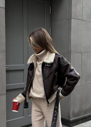 🐚 тепла укорочена оверсайз дублянка, темно-коричнева, екошкіра, хутро