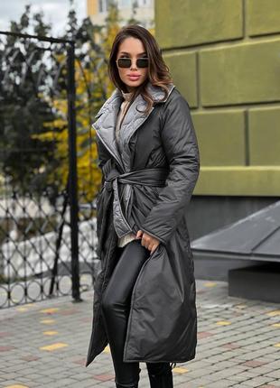 Женская двухсторонняя зимняя куртка зима удлиненная стильная тренд сезона черная серая на запах пальто пуховик одеяло одеяло7 фото
