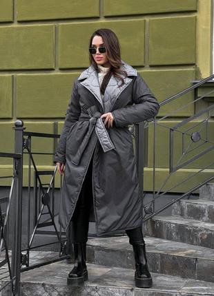 Женская двухсторонняя зимняя куртка зима удлиненная стильная тренд сезона черная серая на запах пальто пуховик одеяло одеяло5 фото