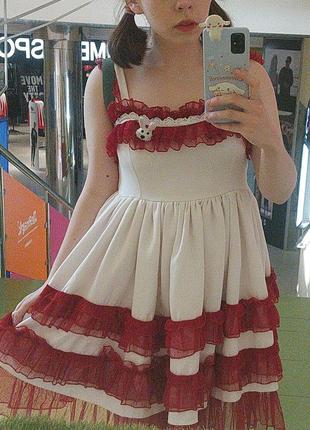 Миле пишне лолітне біле плаття з червоним мереживом лоліта1 фото