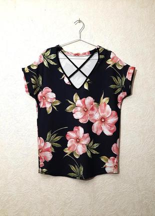 Misslook нарядная блуза с открытой спинкой чёрная розовые цветы + воротничок, стрейч женская1 фото