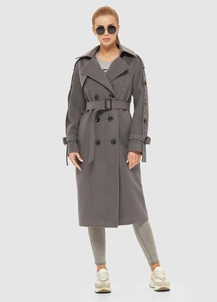 Сіре темне жіноче демісезонне пальто з італійської вовняної тканини з перелиною і патами2 фото