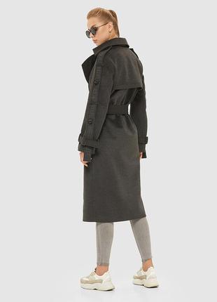 Серое женское демисезонное пальто из итальянской шерстяной ткани с перелиной и патами3 фото