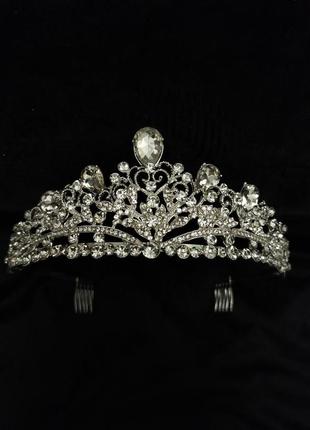 Диадема свадебная высокая с кристаллами сваровски, корона серебро