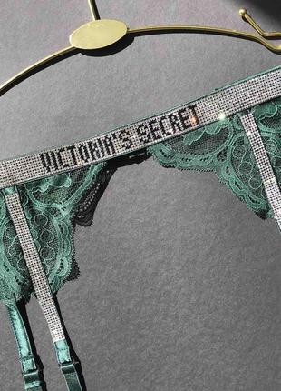 Пояс для панчіх victoria’s secret very sexy shine strap garter belt green lace7 фото