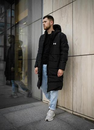 Чоловічий зимовий подовжений пуховик європейська плащівка s, m, l, xl, xxl до -30 подвійна застібка
