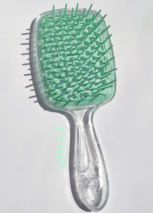 М'яка щітка для волосся прозора з зеленими зубчиками (щітка-браш, розчіска, масажна щітка)1 фото