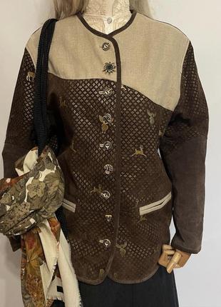 Винтажный 100% натуральная кожа кожаный жакет кардиган куртка в животный принт олени удлиненного фасона большой винтажный платок8 фото