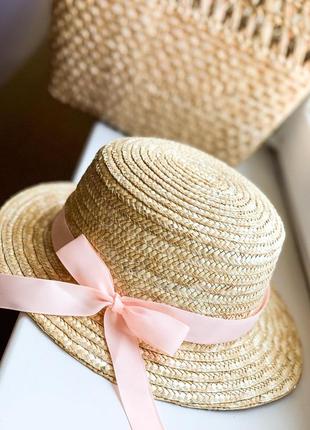 Капелюшок-канотьє солом'яний жіноча з бежевою стрічкою
