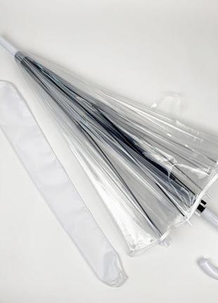 Прозрачный зонт-трость, полуавтомат с белой ручкой и каймой по краю купола от toprain, 0688-17 фото