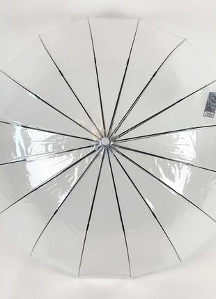 Прозрачный зонт-трость, полуавтомат с белой ручкой и каймой по краю купола от toprain, 0688-13 фото