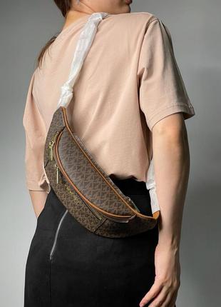Топ! кожаная бананка michael kors mott pebble bum bag brown