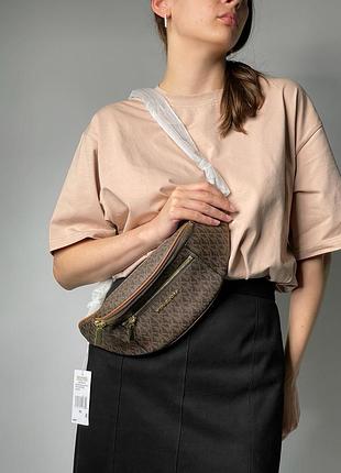 Топ! кожаная бананка michael kors mott pebble bum bag brown