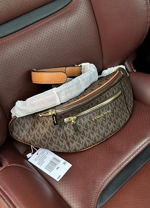 Топ! кожаная бананка michael kors mott pebble bum bag brown