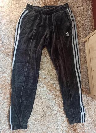 Велюровые теплые темно-серые спортивные штаны джоггеры adidas3 фото