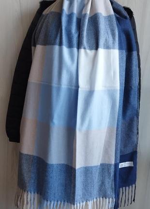 Теплый кашемировый шарф палантин, клетка, синий, бежевый, голубой, белый, есть много вариантов