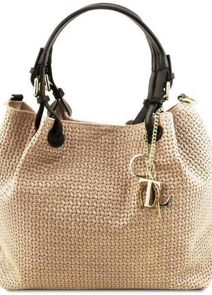 Стильная современная кожаная сумка-шоппер keyluck с плетеным теснением tuscany tl141573  (бежевый)