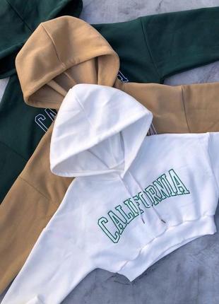 Худи оверсайз теплое объемное короткое на флисе принт рисунок капюшон толстовка длинный рукав кенгуру накат укороченная накат надпись