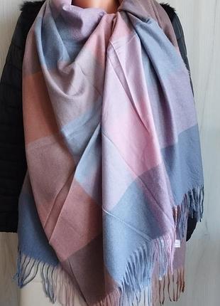 Теплый кашемировый шарф палантин, клетка, коричневый, серый, розовый, много вариантов