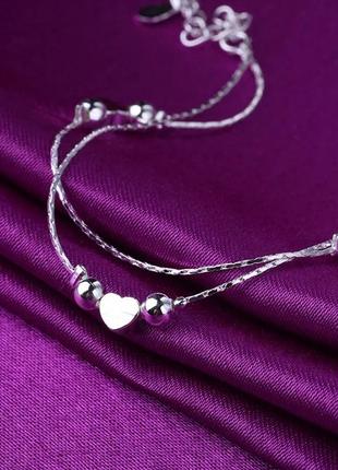 Браслет на ногу серебро 925 покрытие анклет двойной сердце шарики