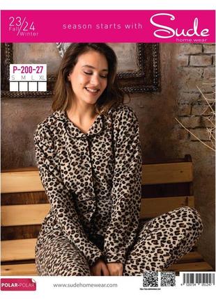 Женская флисовая пижама на пугвицах с леопардовым принтом sude турция