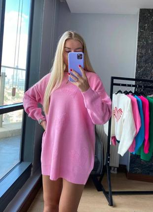 Шикарна тепла туніка кофта светр плаття кардиган рожева барбі синя зелена подовжена...