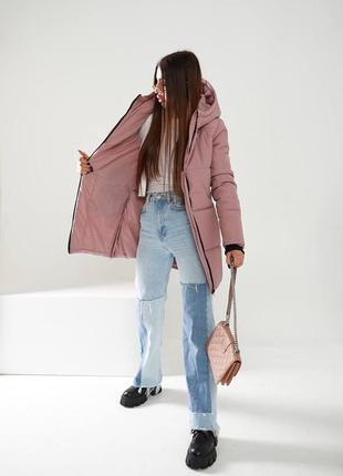 44-58р теплая зимняя женская куртка с капишоном удлиненная выше колен батал крупные пудра фрез розовая5 фото