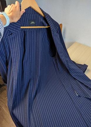 Жакет пиджак синий макси длинный в полоску m s l с карманами пальто плащ8 фото