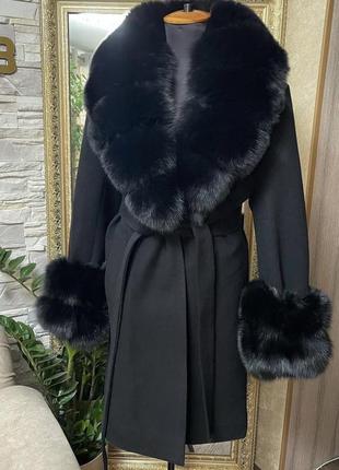 Зимнее пальто з натуральним мехом песца черное пальто длинное пальто1 фото
