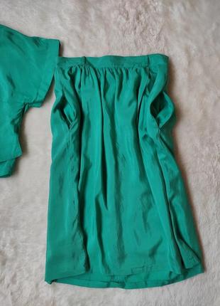 Бірюзовий зелений натуральний шовковий комплект костюм зі спідницею футболка блуза оверсайз шовк спідниця міді7 фото