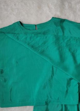 Бірюзовий зелений натуральний шовковий комплект костюм зі спідницею футболка блуза оверсайз шовк спідниця міді4 фото